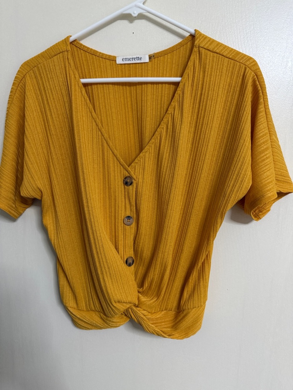 emerette Mustard Ribbed Button-Knot Crop Top